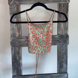 MOTEL ROCKS CHEETAH PRINT SEQUIN LACE UP CROP TOP